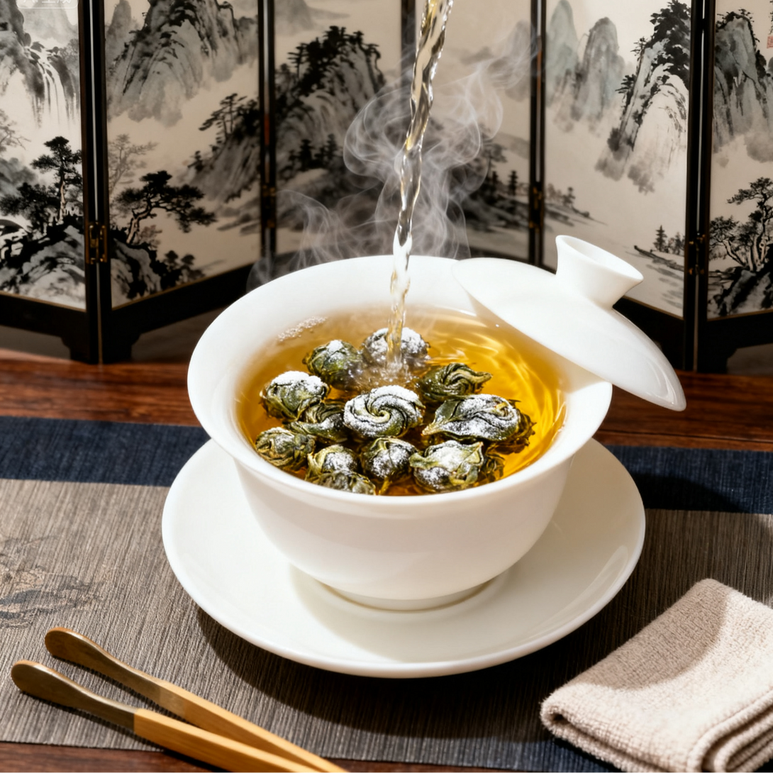 Chinese gaiwan brewing jasmine dragon pearls tea with hot water, traditional loose leaf green tea infusion