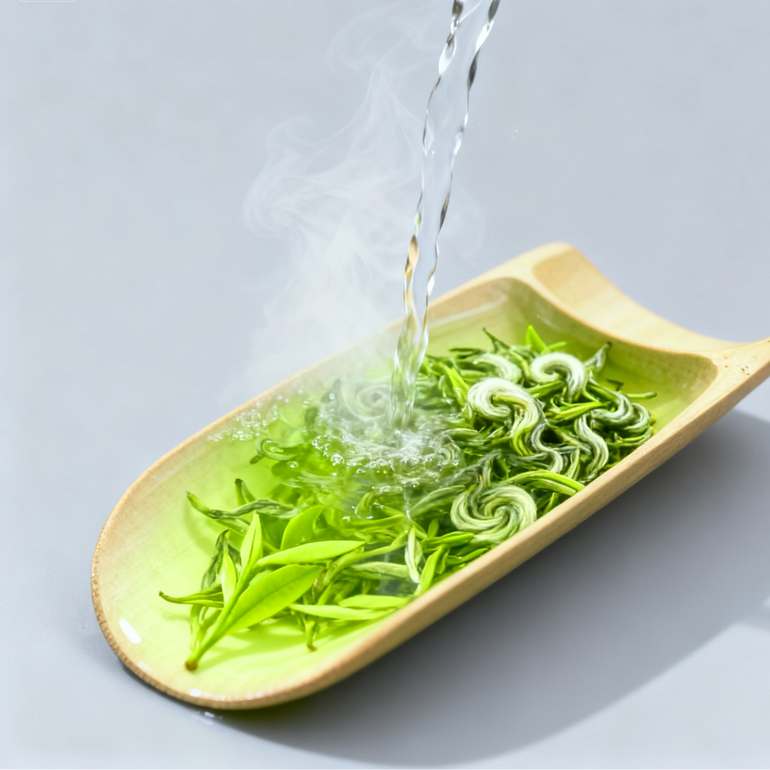 Green tea leaves soaking in a ceramic dish with steam rising from hot water on a light gray background.