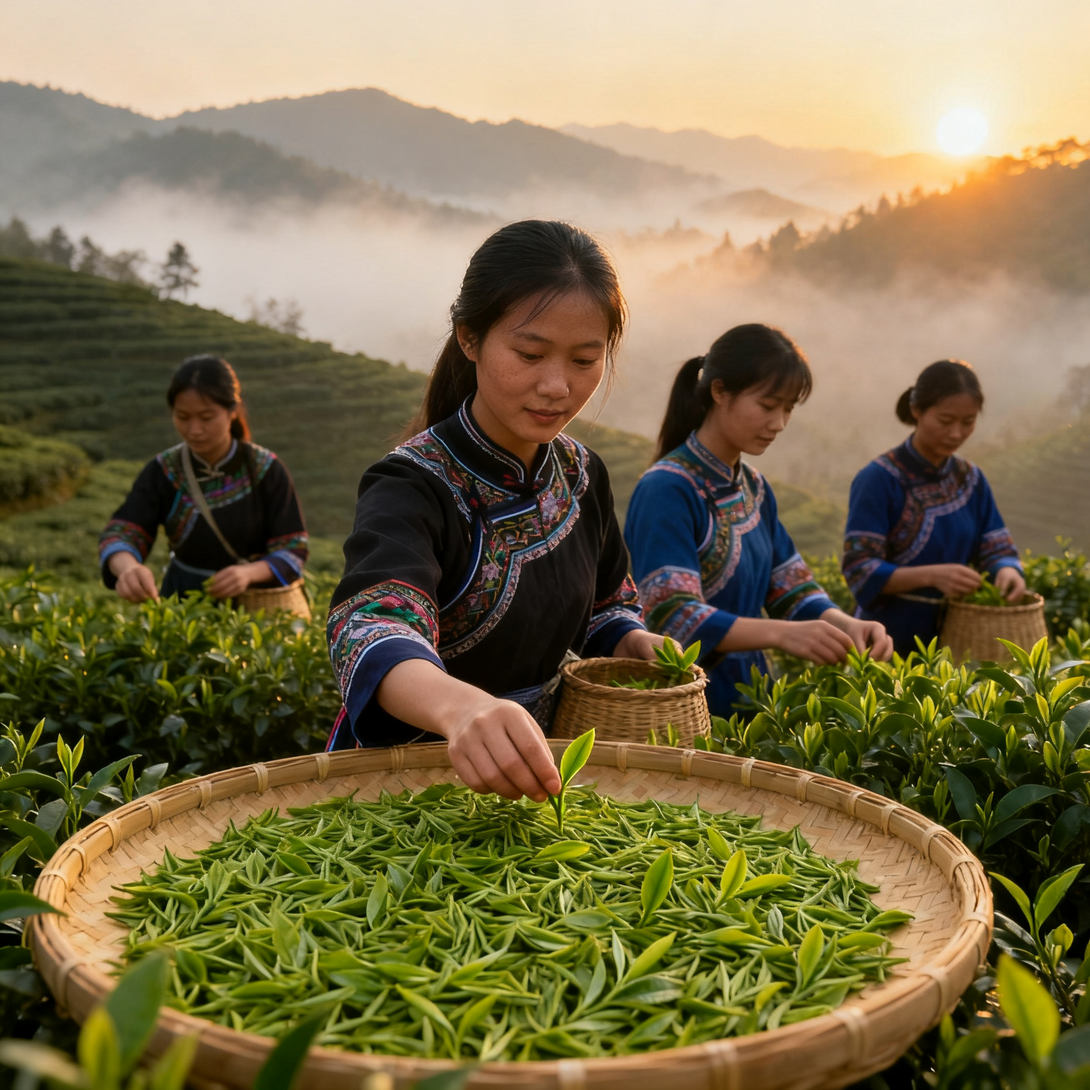 Women harvesting tea leaves in the early morning with mist and sunlight in the background, wearing traditional blue clothing