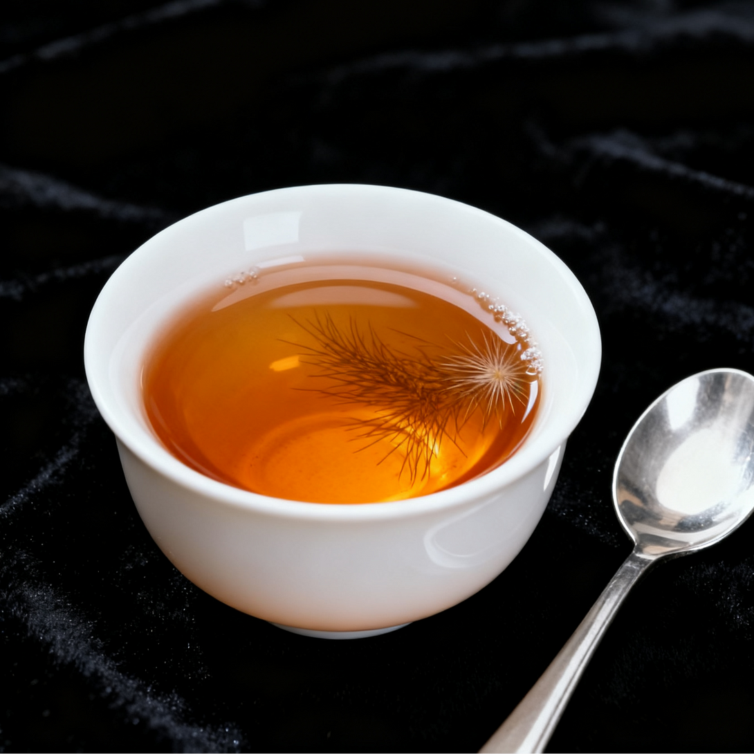 Premium Chinese white tea in a white porcelain cup, showing golden amber liquor and floating Silver Needle buds, served with a spoon on a dark textured background