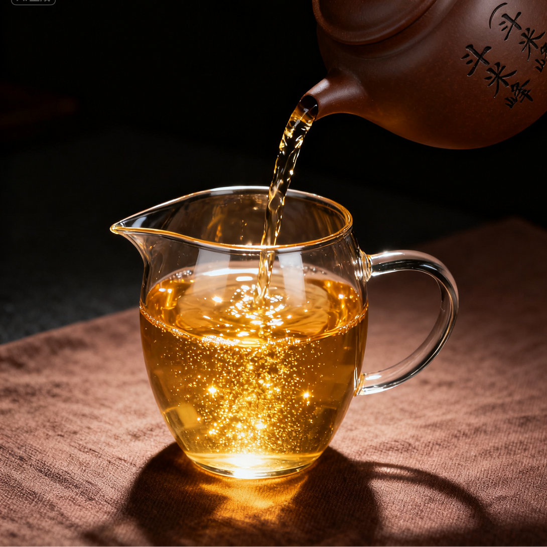Golden tea being poured from a clay teapot into a glass pitcher, with sparkling bubbles under warm light
