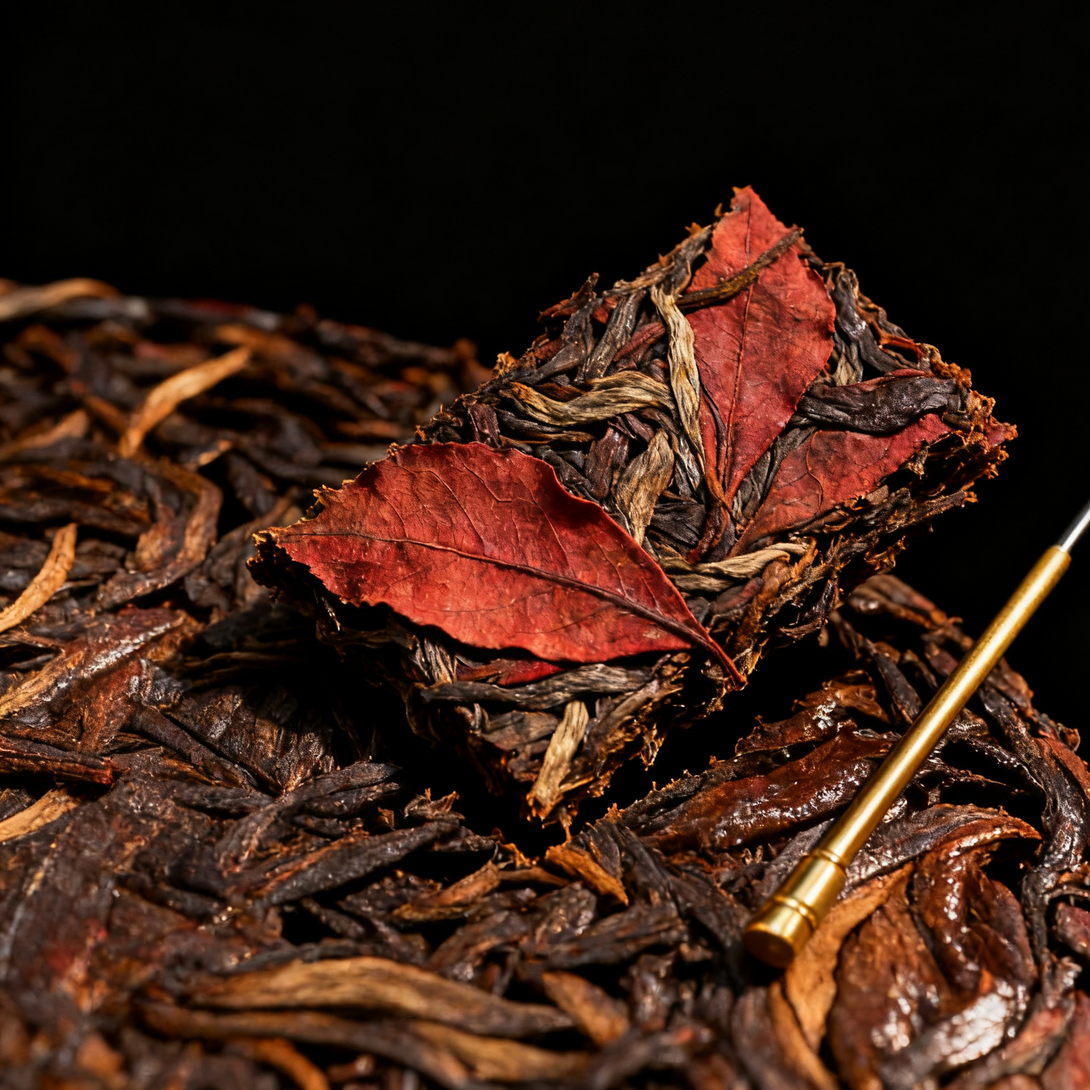Yunnan Pu-erh tea cake close-up with red leaf decoration and golden tea needle on black background