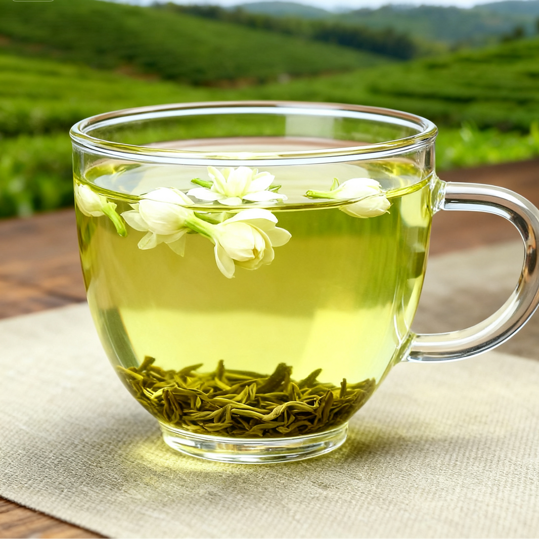 A clear glass mug filled with jasmine-scented green tea, surrounded by lush green tea fields