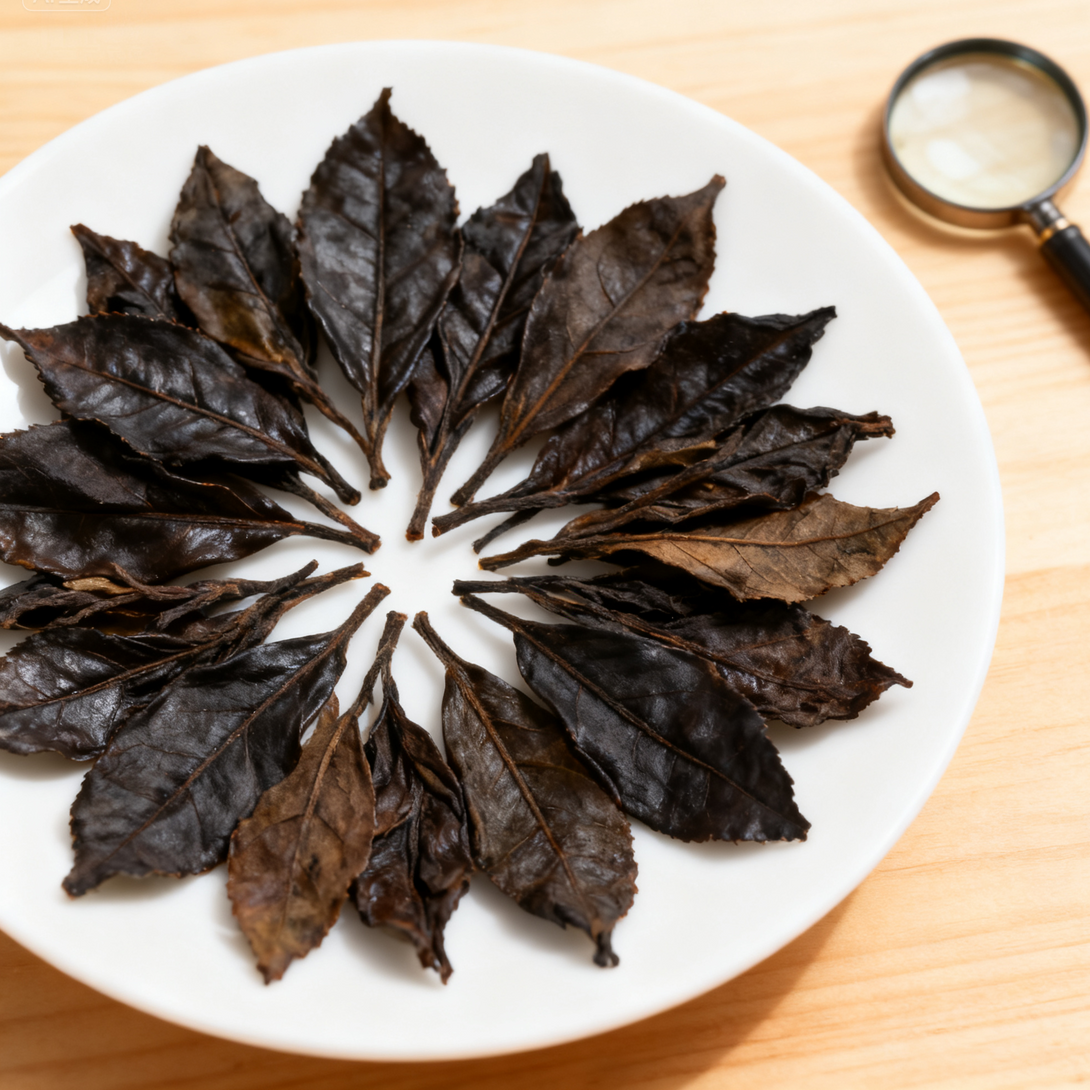 A close-up view of dried tea leaves arranged in a circular pattern on a white plate, with a magnifying glass placed beside it.