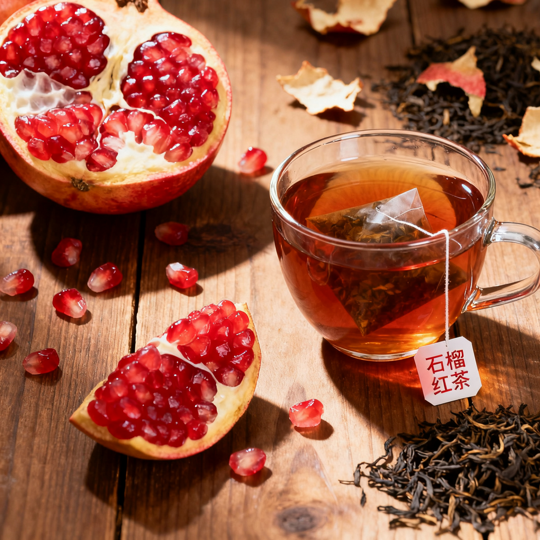 Pomegranate seeds next to a cup of tea with a tea bag, placed on a wooden table