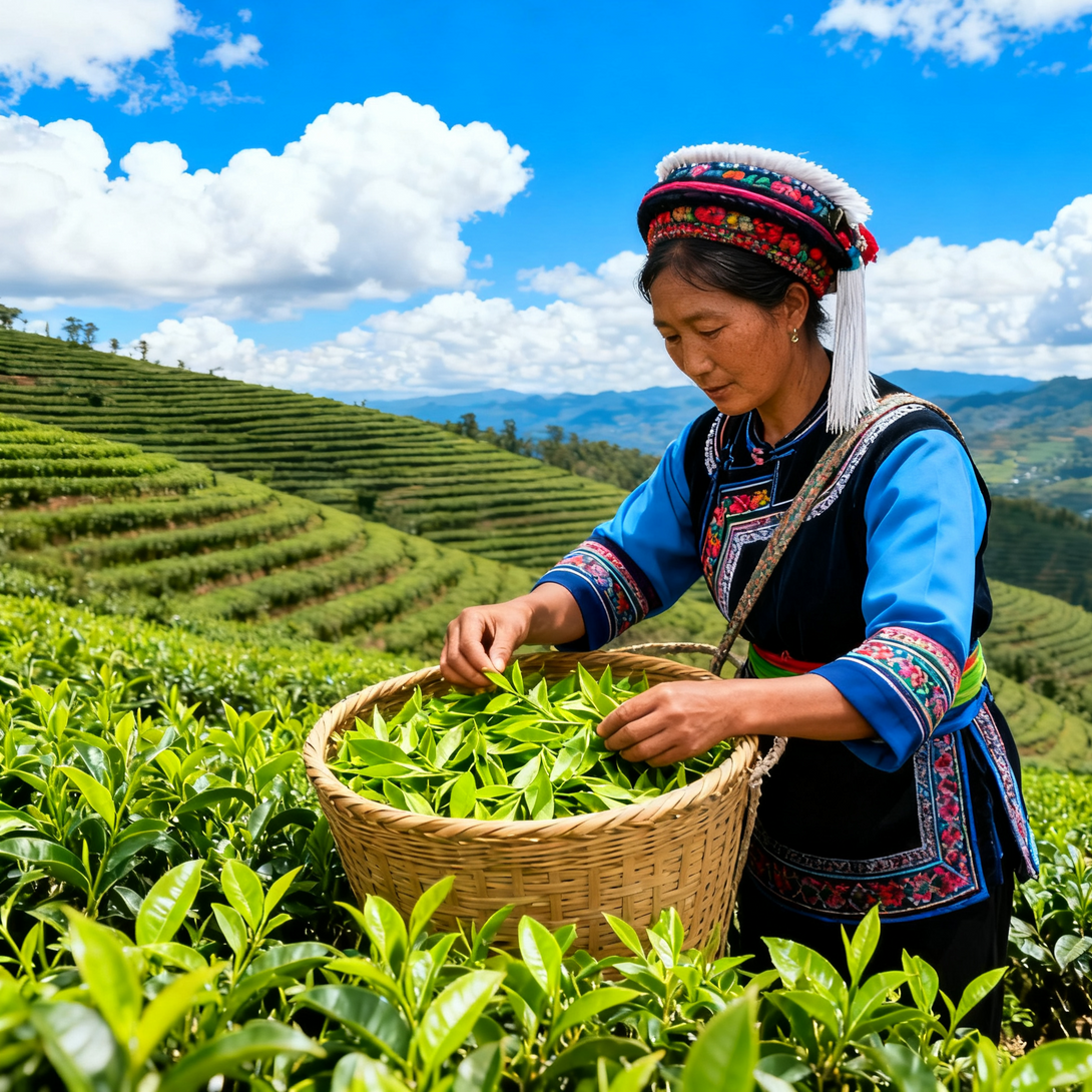 A woman in traditional attire harvesting fresh tea leaves in a tea plantation under a clear blue sky.
