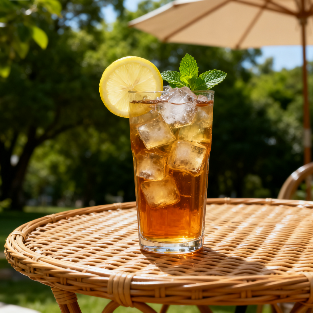 A refreshing iced tea with lemon and mint in a tall glass, served on a wicker table outdoors with a blurred green background