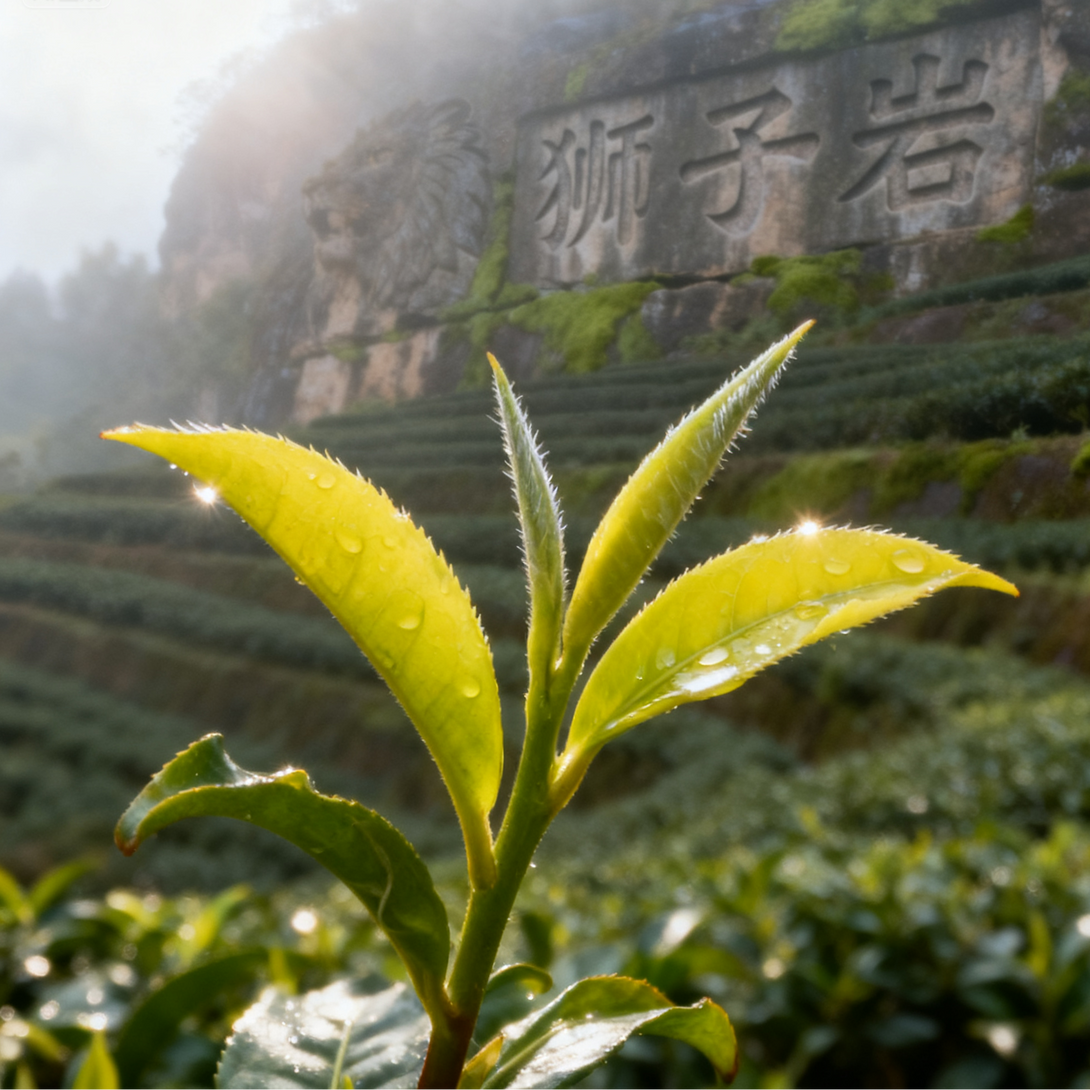 A close-up shot of fresh tea leaves glistening with dew, bathed in sunlight. In the background, the misty landscape of tea terraces is visible, with a stone lion's head sculpture carved into the hillside.