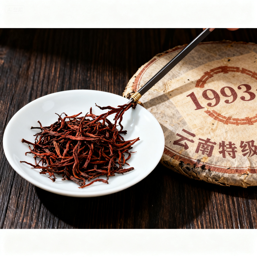 Aged Pu-erh tea from 1993, loose leaves and pressed cake displayed