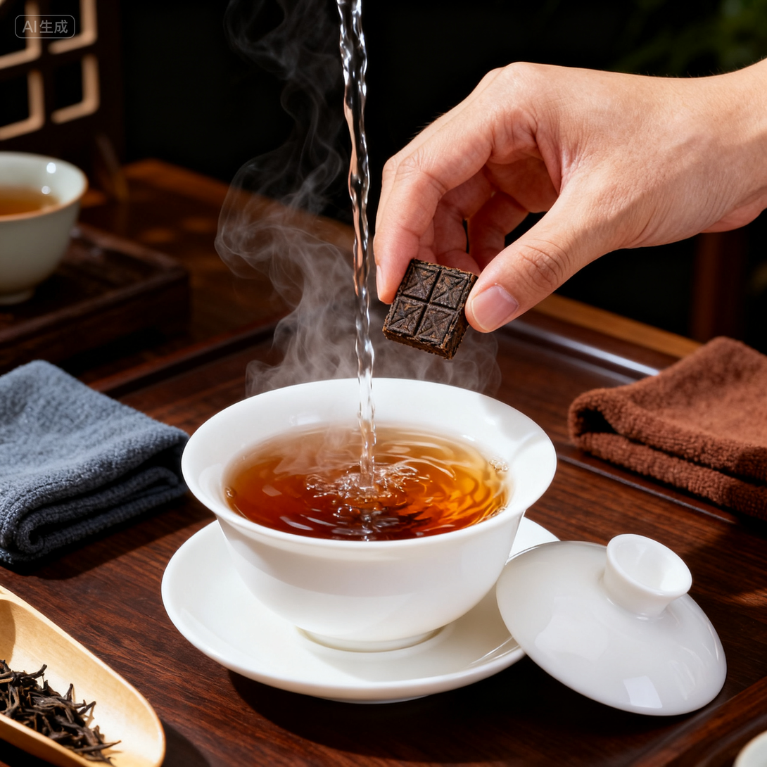 Traditional Chinese tea ceremony with 2014Pu-erh tea brick infusion