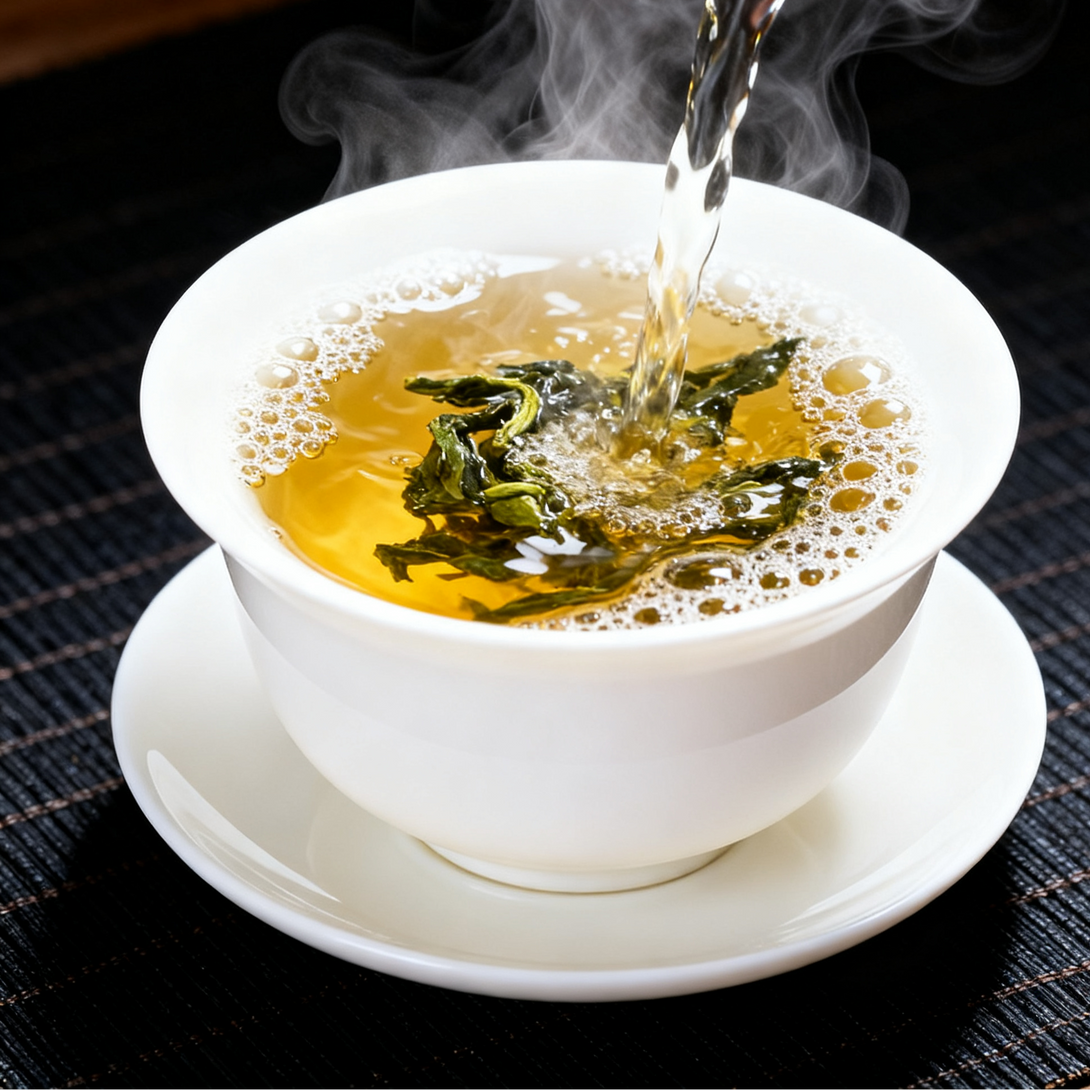 Freshly brewed green tea poured into a white porcelain teacup with loose leaves, traditional Chinese hot tea