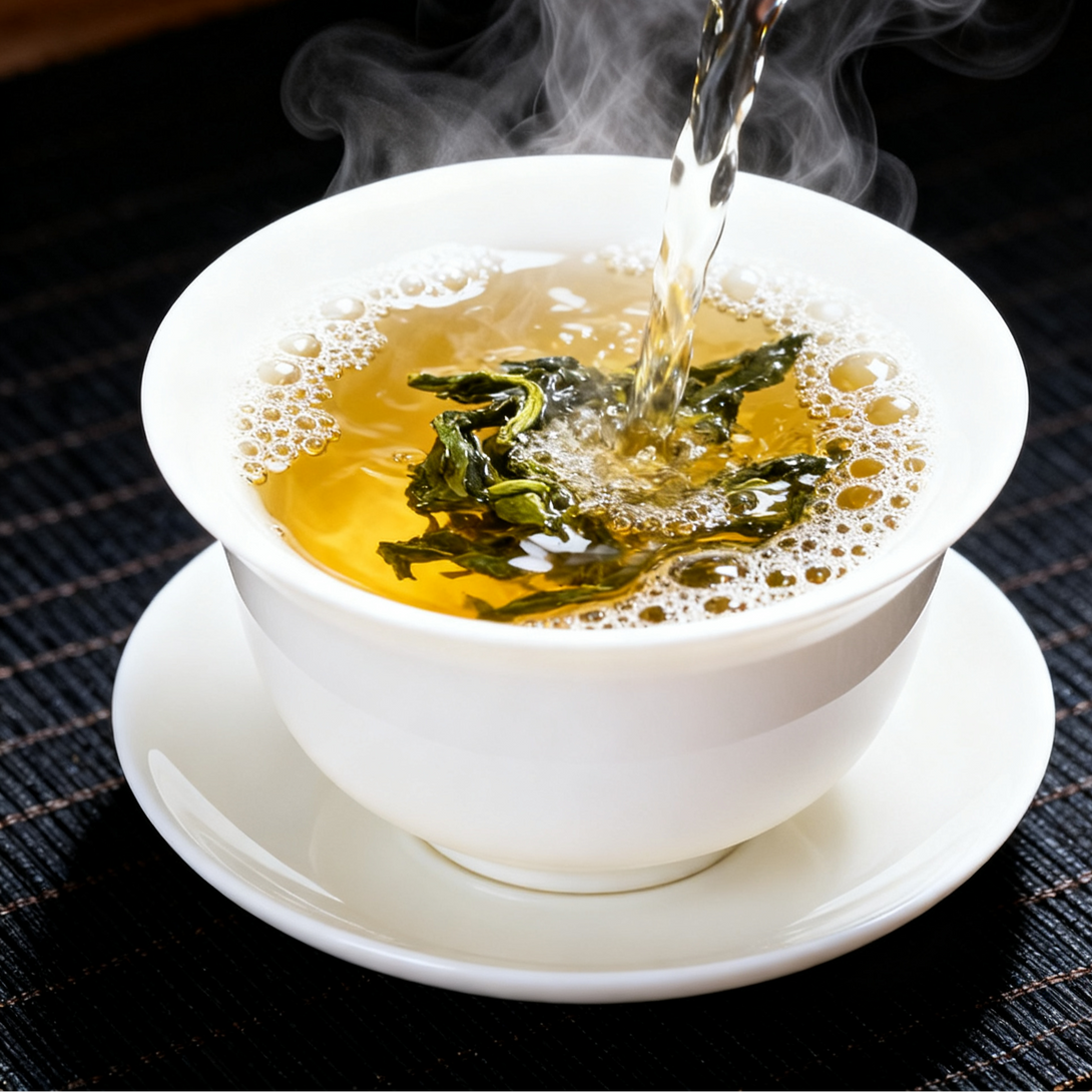 Hot water being poured into a white gaiwan with green tea leaves and golden tea infusion, steaming