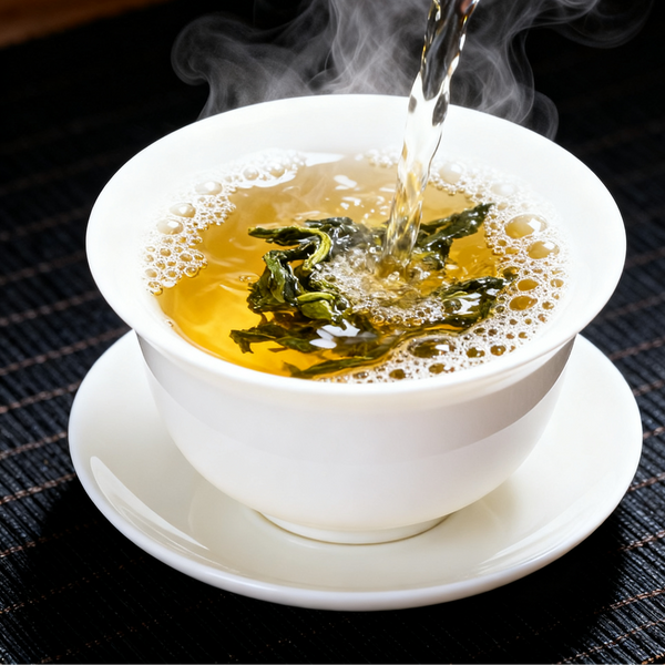 Hot water being poured into a white gaiwan with green tea leaves and golden tea infusion, steaming