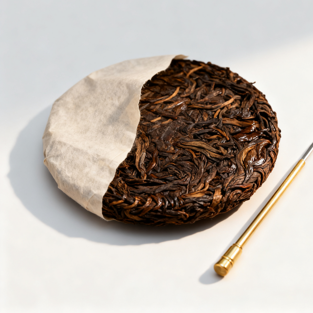 Half-wrapped Pu-erh tea cake with visible tea leaves and gold tea needle on light background