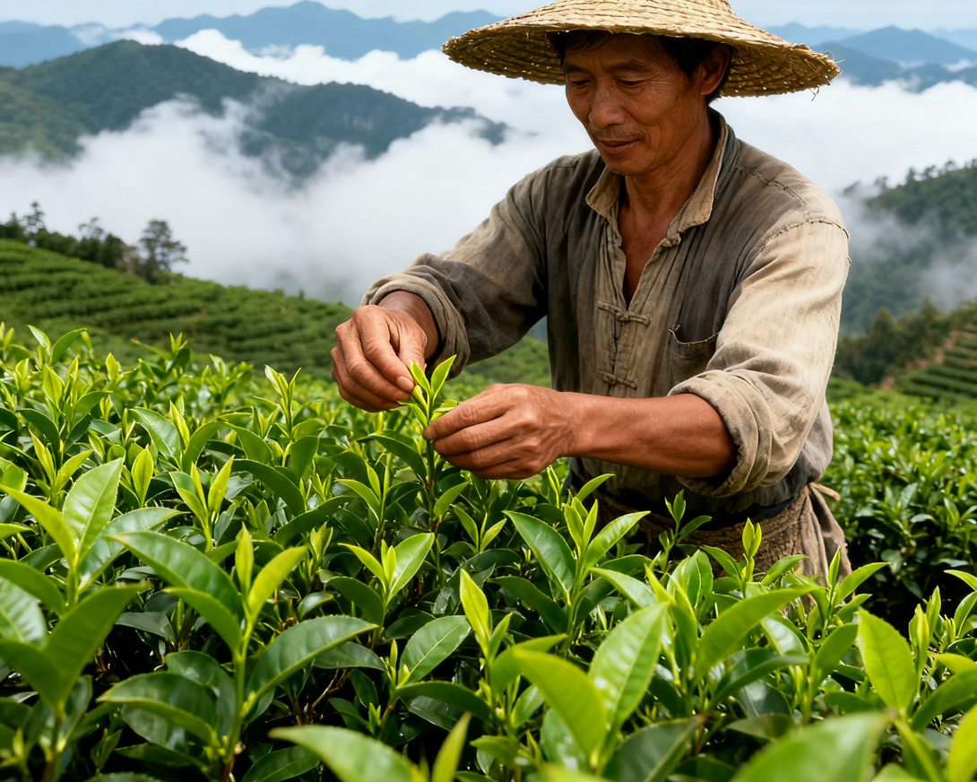 A person in traditional clothing picking fresh tea leaves in a lush green tea field, with mountains and mist in the background.