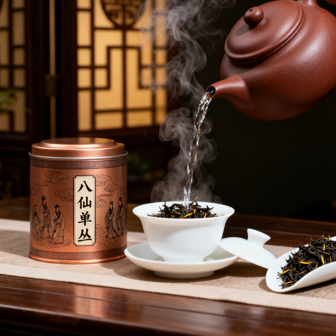 Tea leaves being poured from a teapot into a cup, with a decorative tea tin in the background and steam rising.