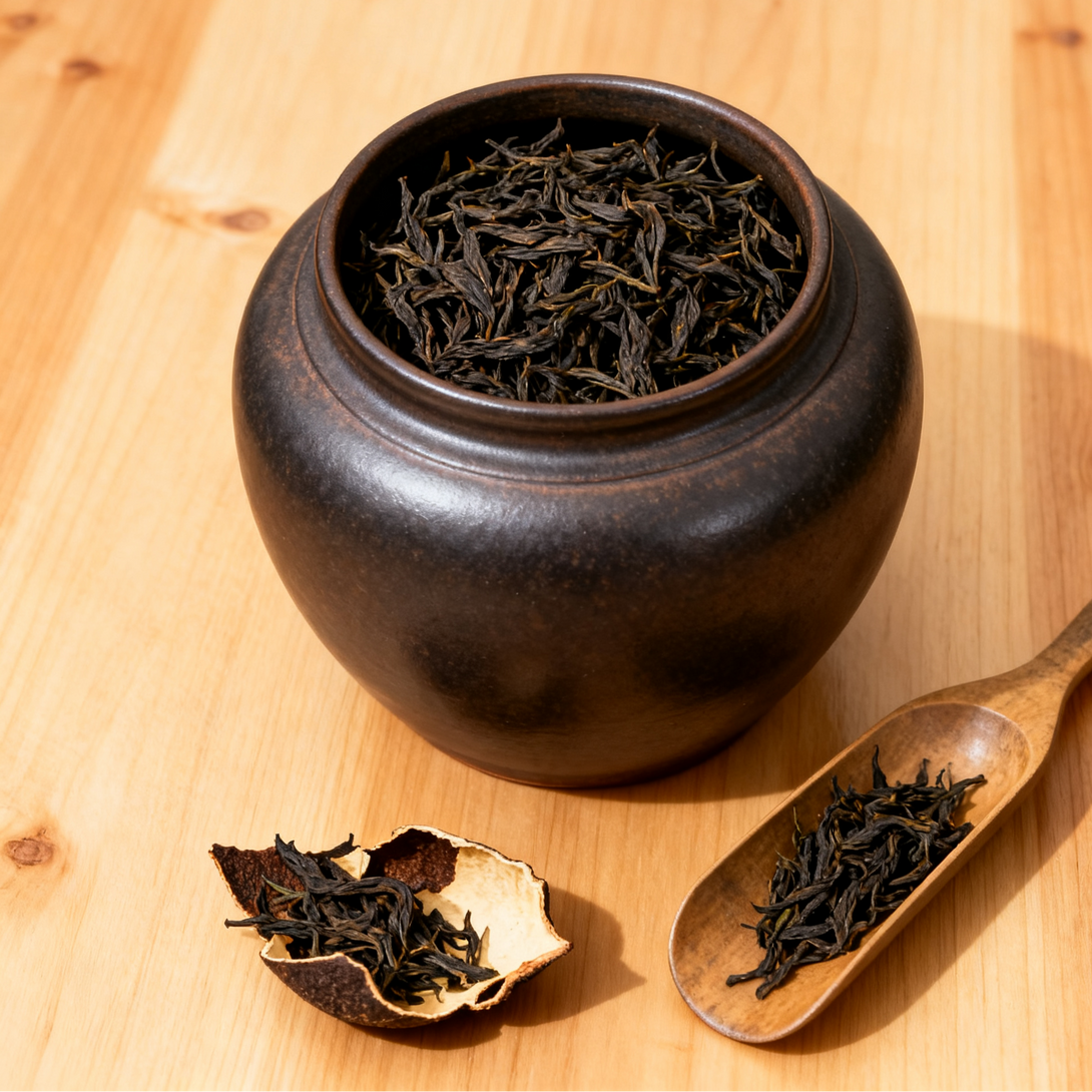 A ceramic jar filled with loose tea leaves, placed on a wooden surface, with a wooden spoon and a small shell containing more tea leaves beside it.