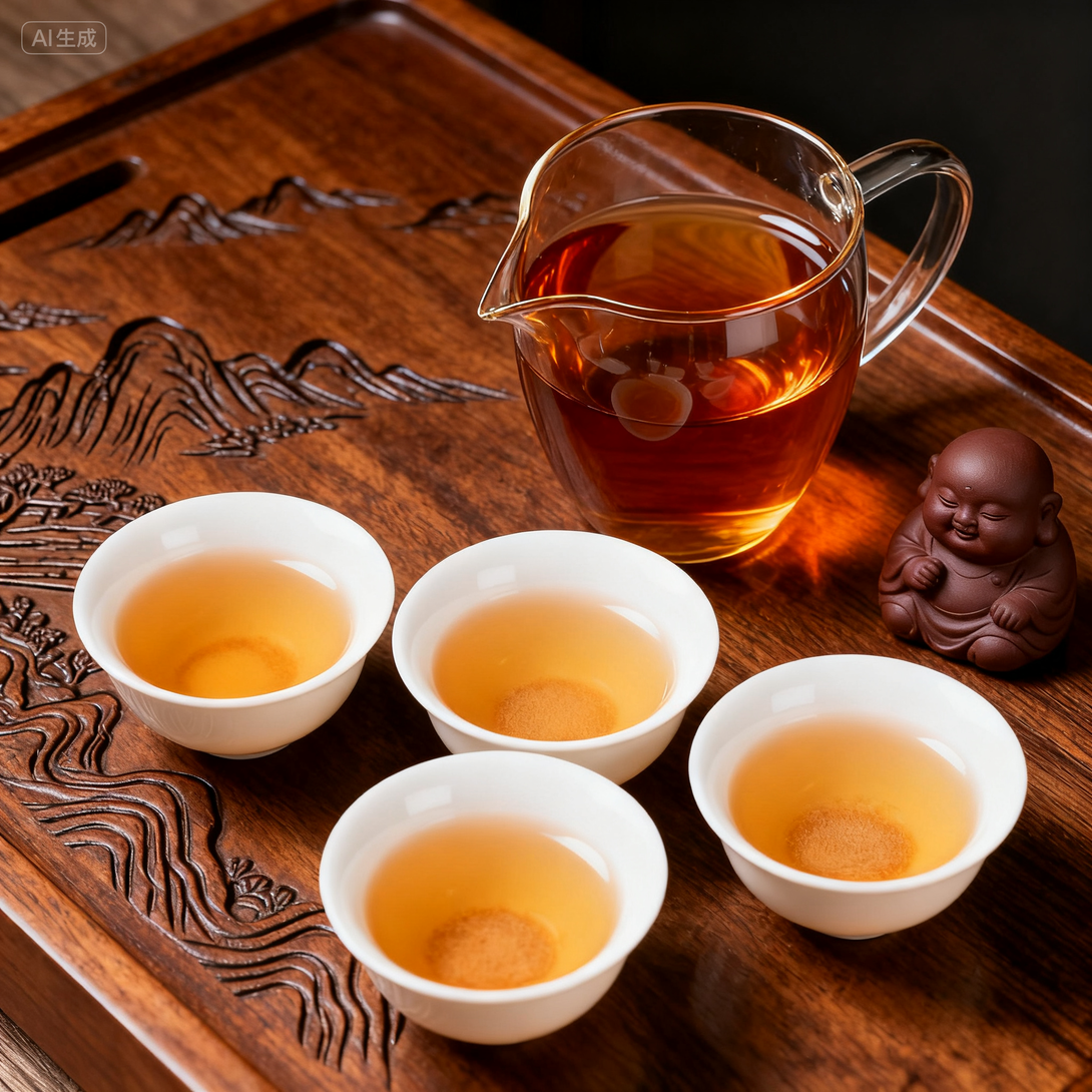 Vintage 1998 aged Pu-erh tea liquor served in white porcelain cups