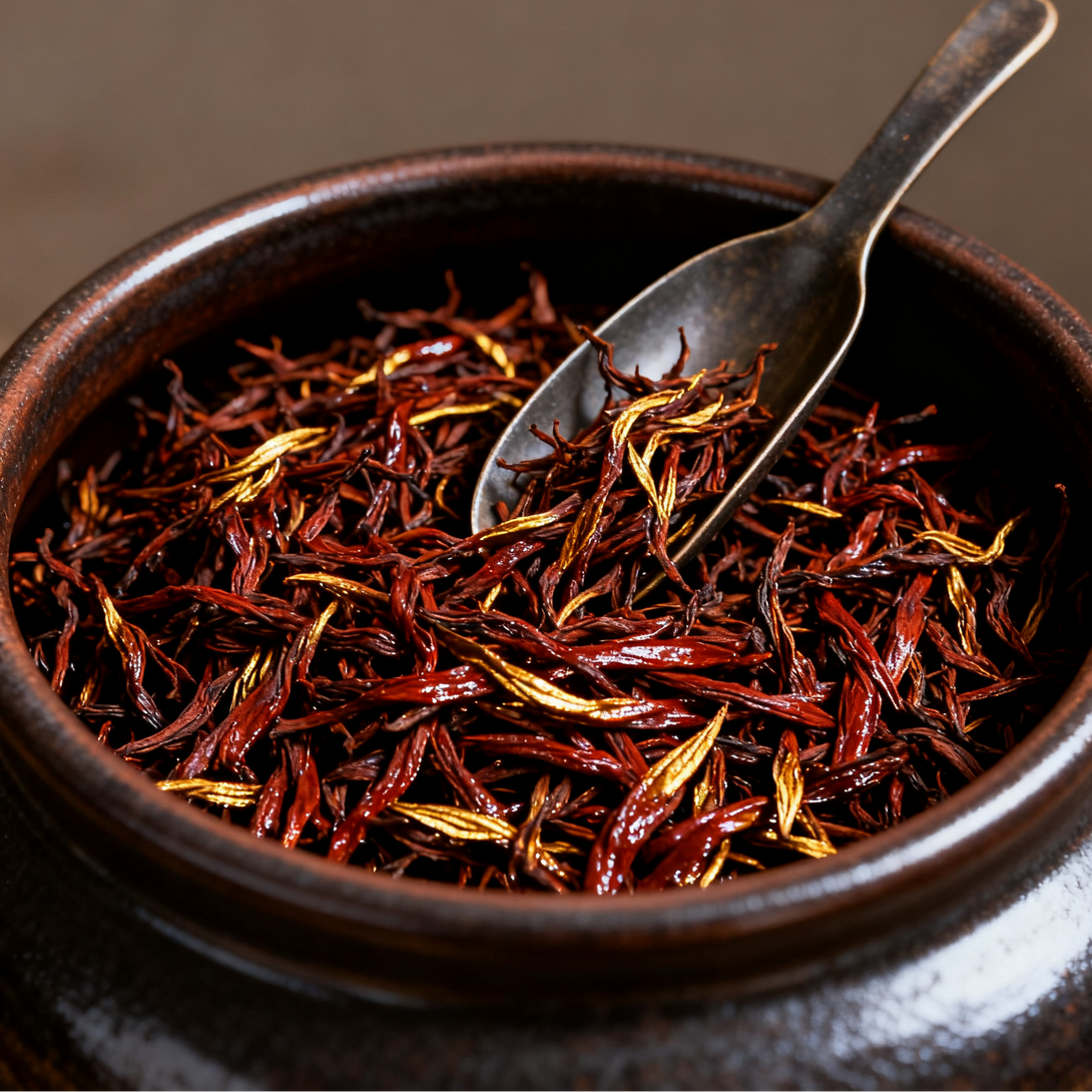 Close-up of dried saffron threads in a bowl with a spoon