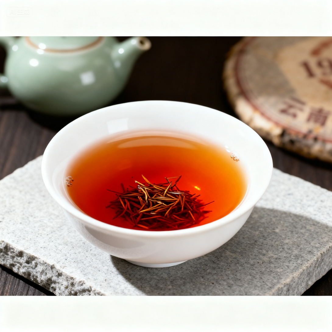 Aged Pu-erh tea from 1993, served in a bowl with clear red liquor