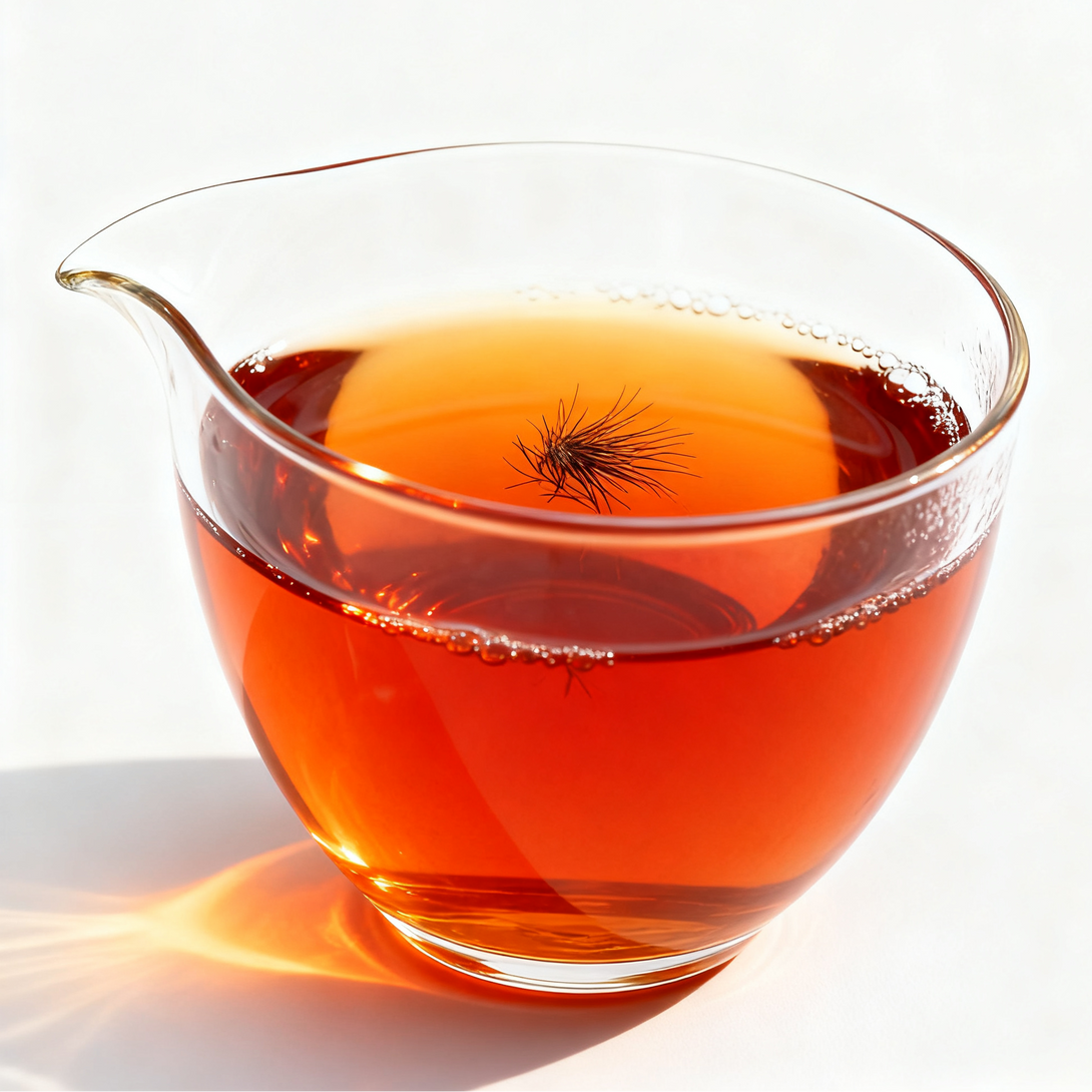 Clear glass pitcher filled with amber Pu-erh tea liquor on white background