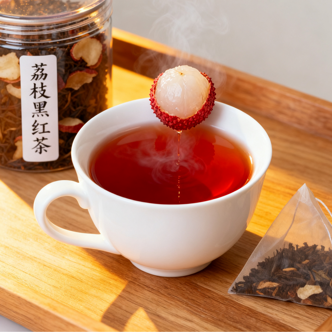 A cup of freshly brewed black tea with a piece of lychee hanging above it, and a tea bag with dried tea leaves in the background. The tea is from a jar labeled 'Wuji Black Tea' in Chinese characters.