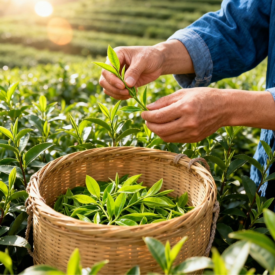 Hand plucking fresh tea leaves in a sunlit tea field, with a woven basket of collected leaves