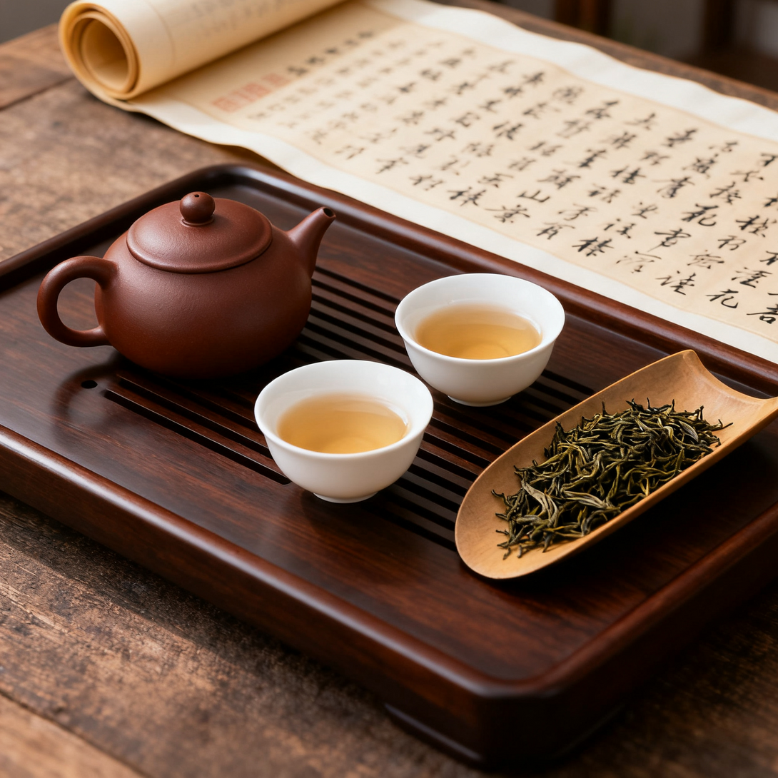 Hot water being poured into a white gaiwan with green tea leaves and golden tea infusion, steaming