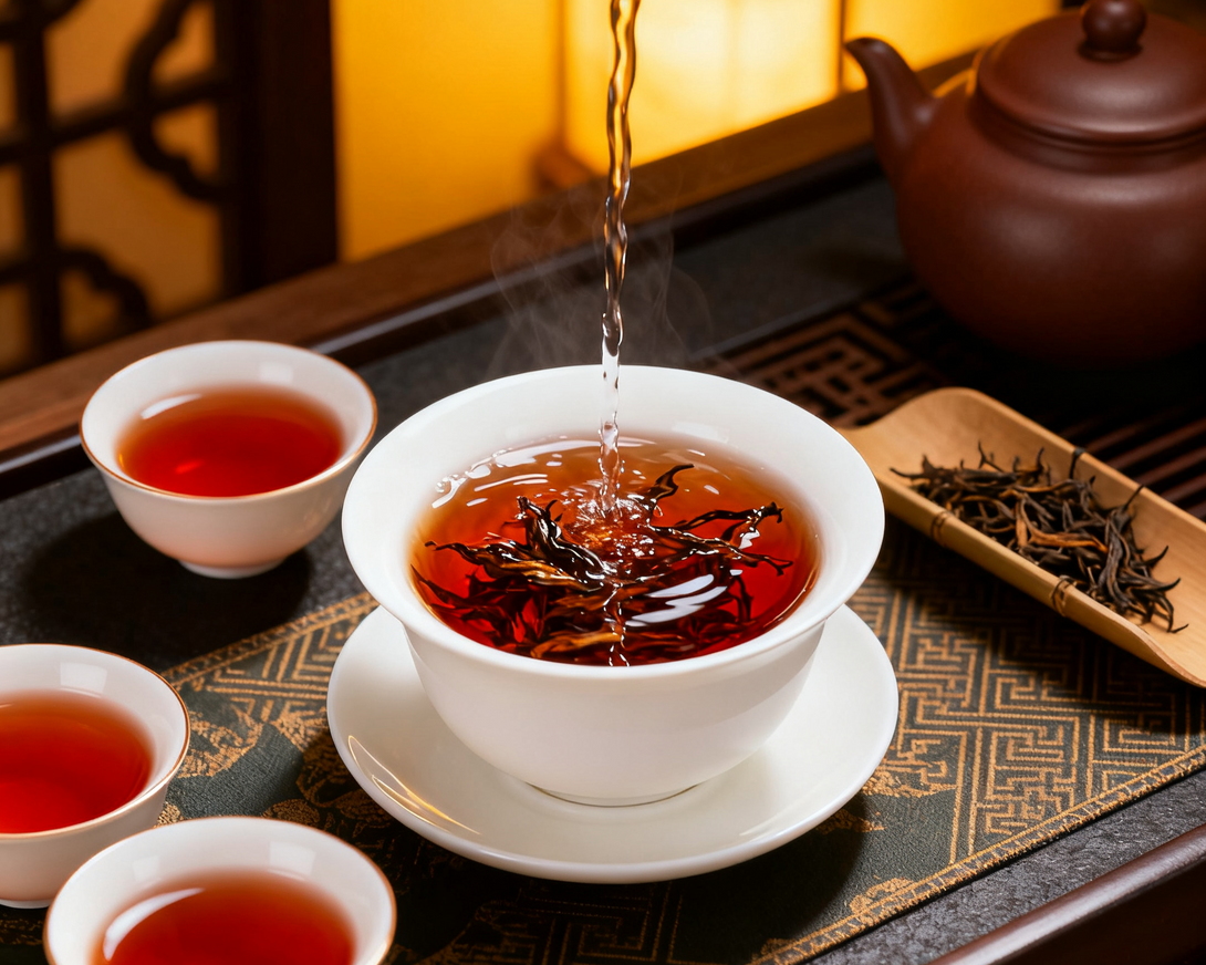 Pouring tea into a white cup from a teapot with tea leaves on a decorative tray