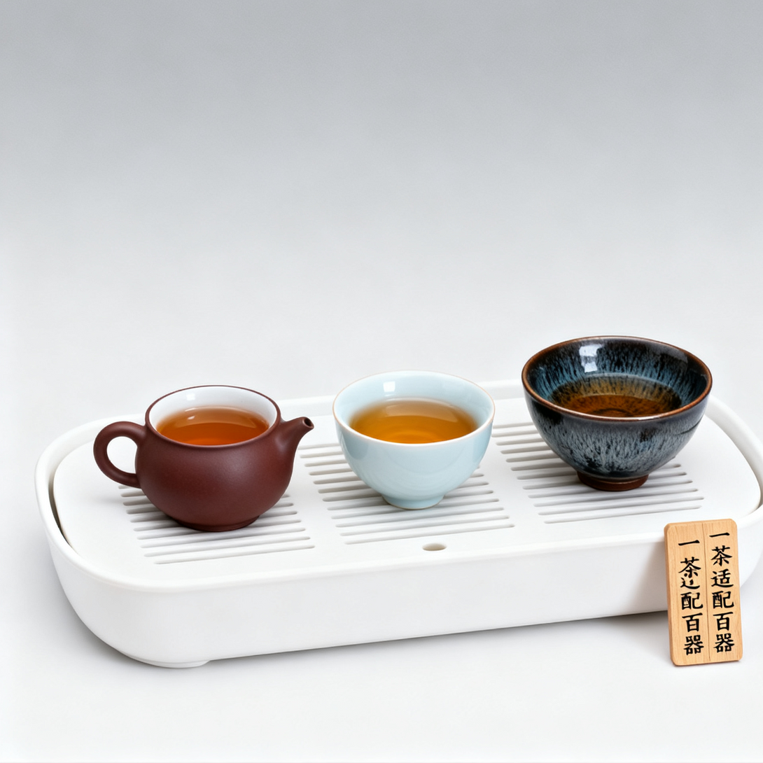 Traditional Chinese tea set with three teacups and a teapot on a tea tray