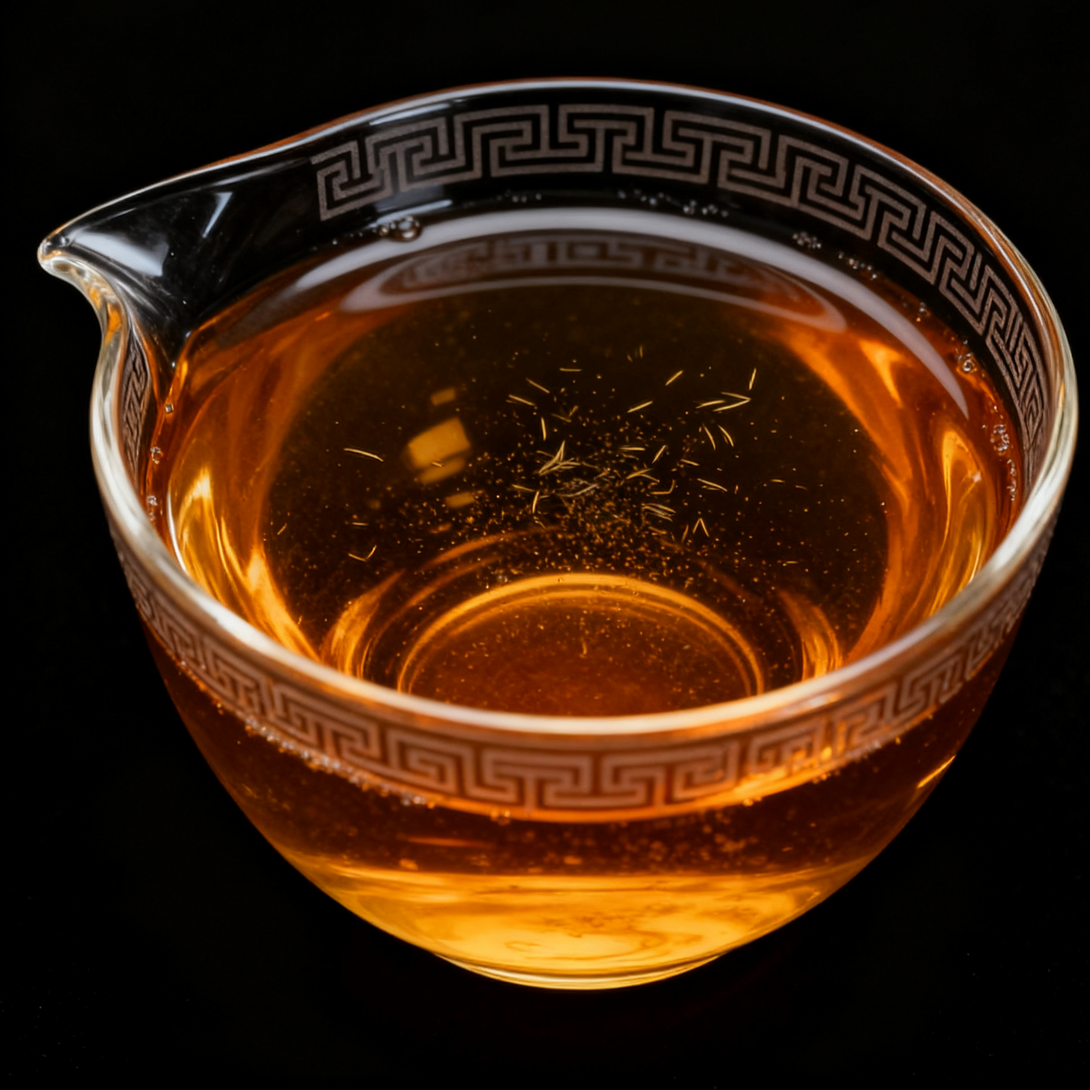 Glass pitcher with amber tea against a black background, featuring intricate geometric rim design.