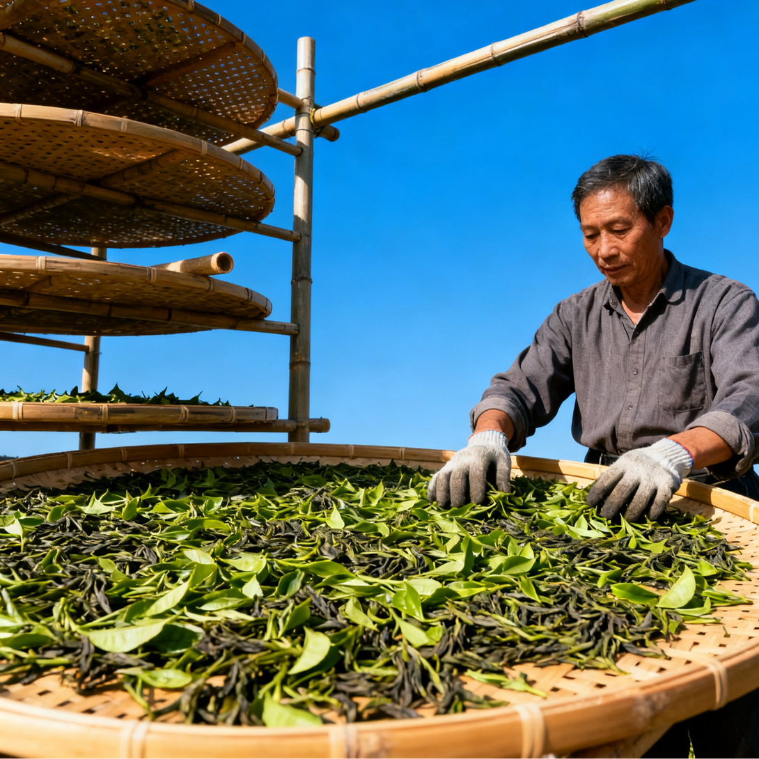 Man sorting freshly harvested tea leaves on a bamboo tray under the blue sky