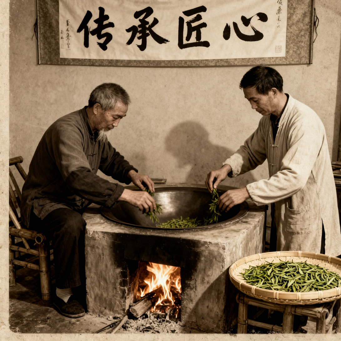 Traditional Chinese tea masters hand-roasting fresh green tea leaves in a wok over fire, showcasing artisan craftsmanship.