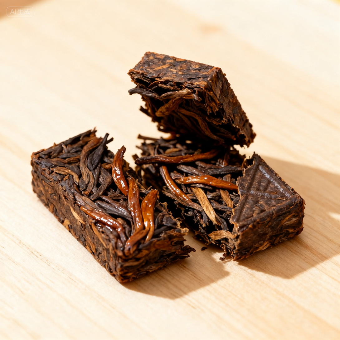Compressed ripe Pu-erh tea in small block form for brewing