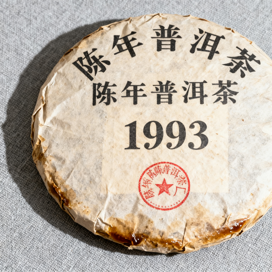 Vintage Pu-erh tea cake labeled 1993, wrapped in traditional paper packaging.
