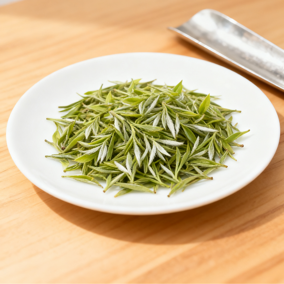 Green tea leaves on a white plate with a metal scoop on a wooden surface.