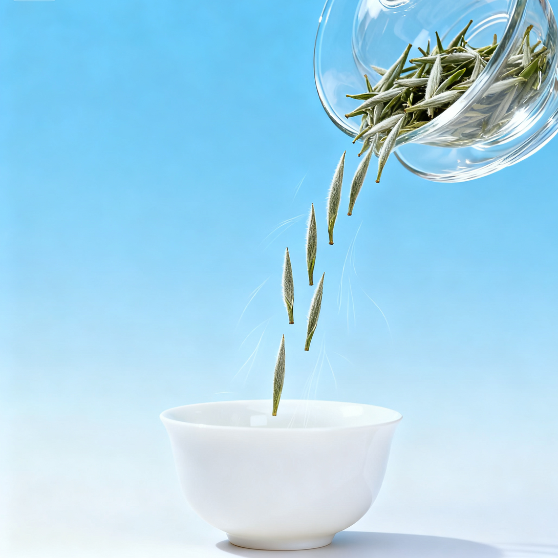 Chinese Silver Needle white tea buds pouring from a glass teapot into a white porcelain cup, captured against a clean blue background