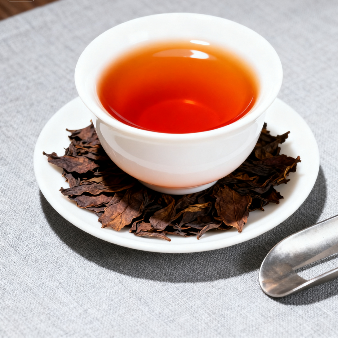A cup of freshly brewed black tea placed on a saucer with dried tea leaves around it, set against a neutral gray background. The leaves on the saucer complement the tea in the cup.