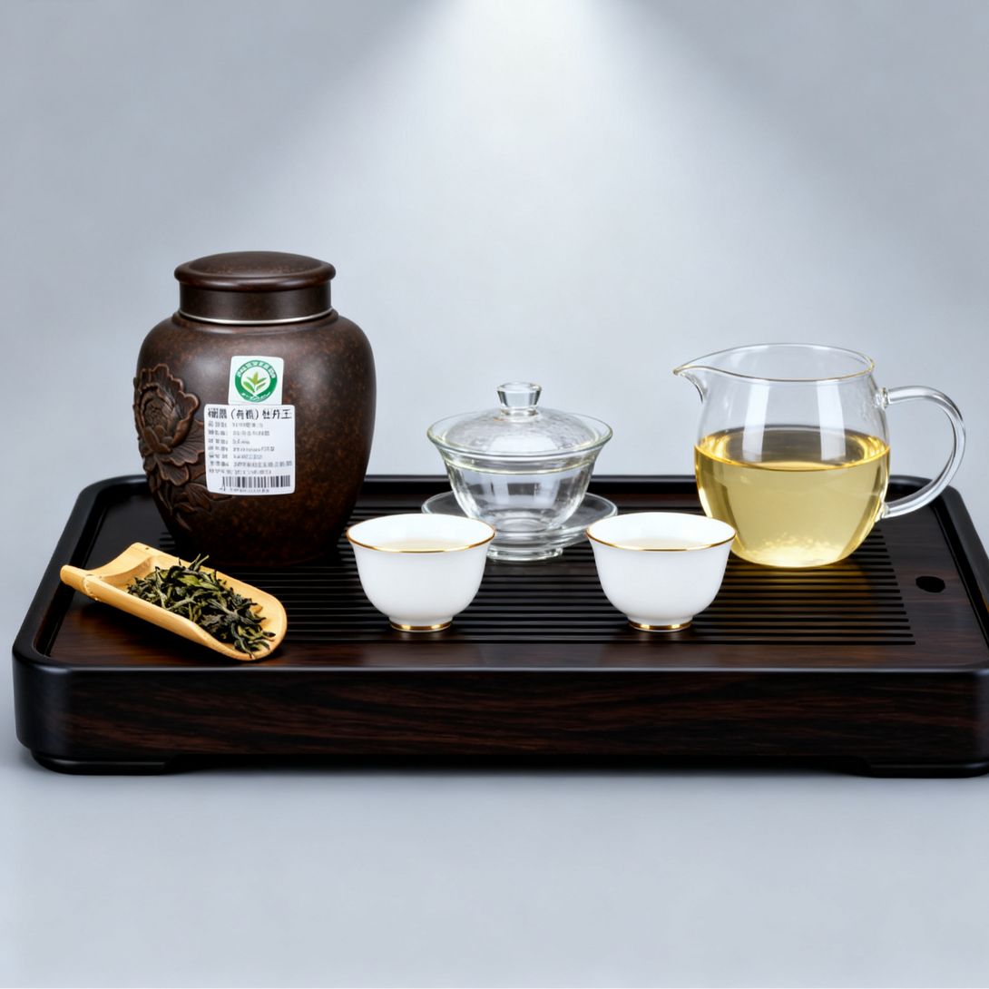 Elegant tea set with a brown tea jar, glass teapot, and two tea cups on a wooden tea tray, featuring loose tea leaves