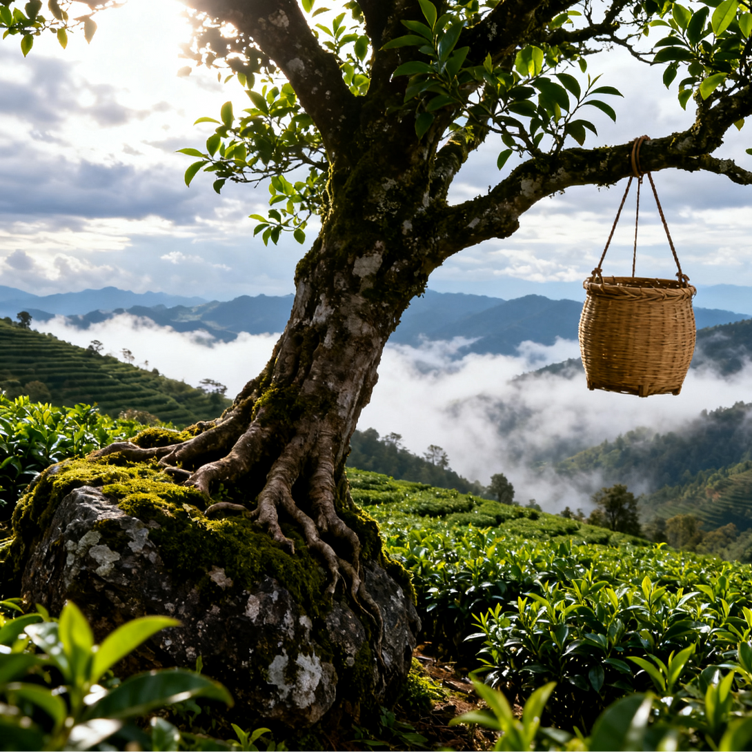 Tea basket hanging from a tree with tea plantation and misty mountains in the background