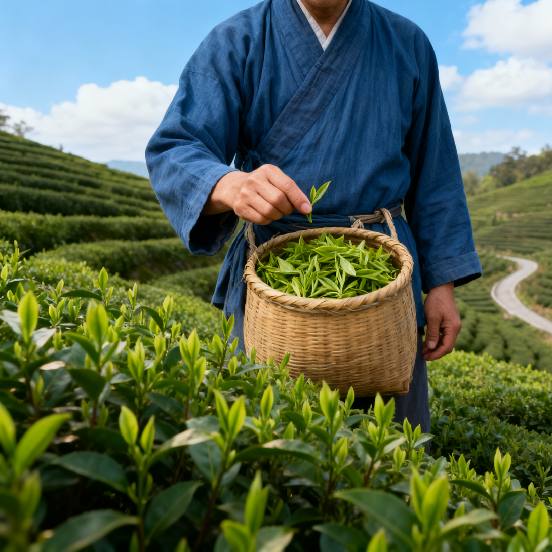 Person in traditional blue garment holding a woven basket filled with freshly harvested green tea leaves in a tea field.
