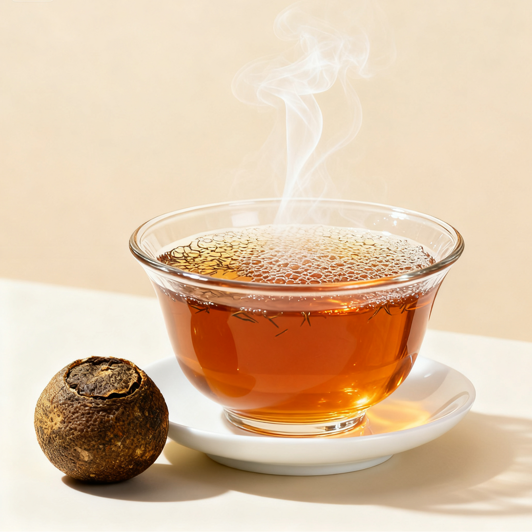 Glass cup of hot pu-erh tea with steam, served with whole dried tangerine tea ball on the side.