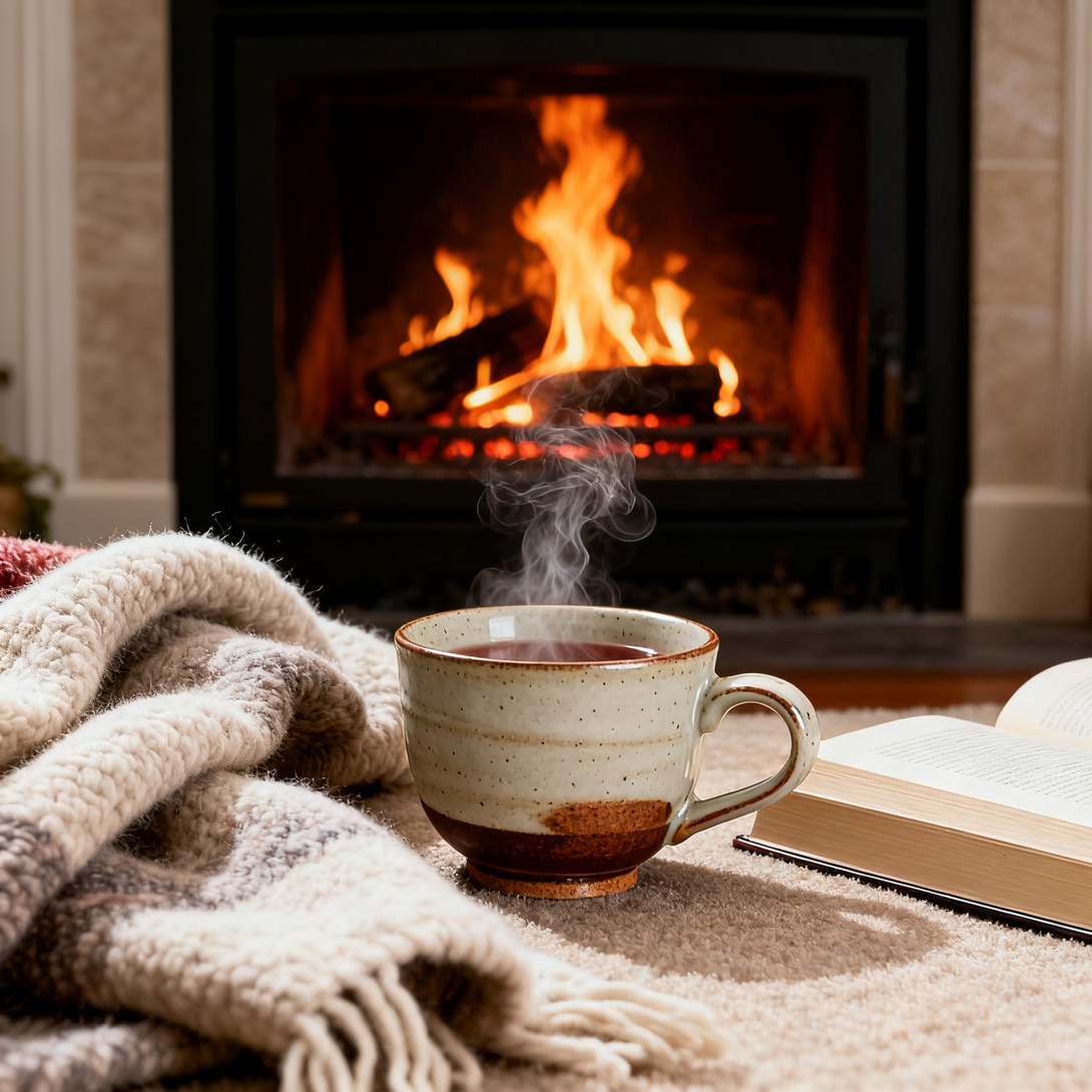 A steaming cup of tea placed on a cozy blanket with an open book in front of a crackling fireplace