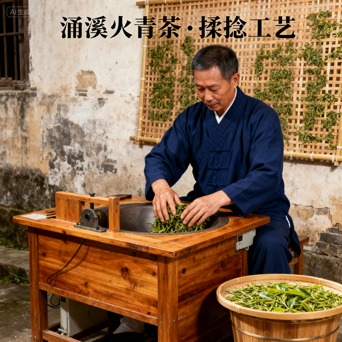 Traditional Chinese tea-making process with hand-frying and fresh tea leaves