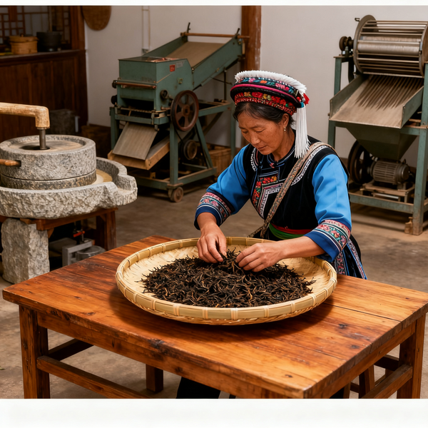 Woman sorting tea leaves on a bamboo tray in a traditional tea processing facility with tea-making equipment in the background