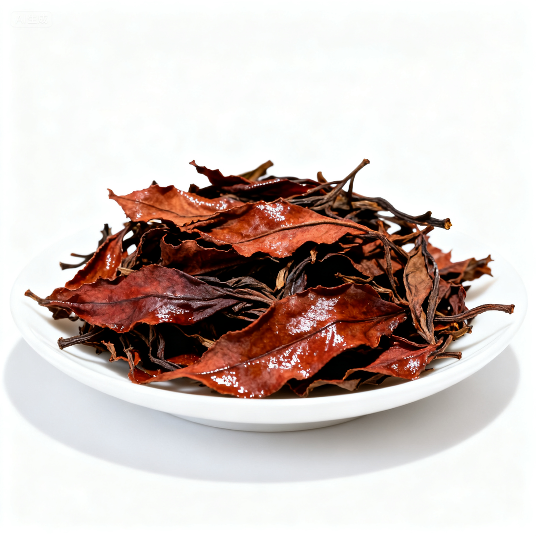 Brewed Pu-erh tea leaves displayed on a white plate, reddish brown wet tea leaves.