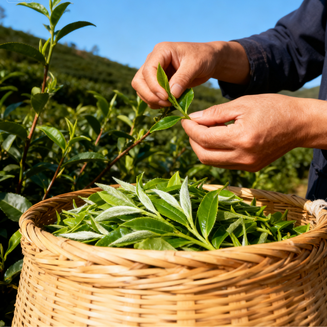 Person harvesting fresh tea leaves from a bush, placing them in a woven basket under bright sunlight.