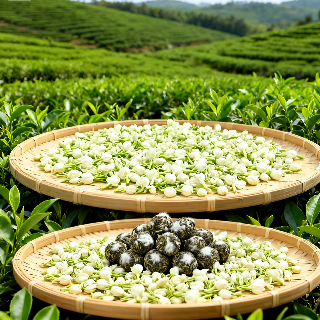 Two bamboo trays filled with green tea leaves and jasmine flowers, displayed in a scenic tea field