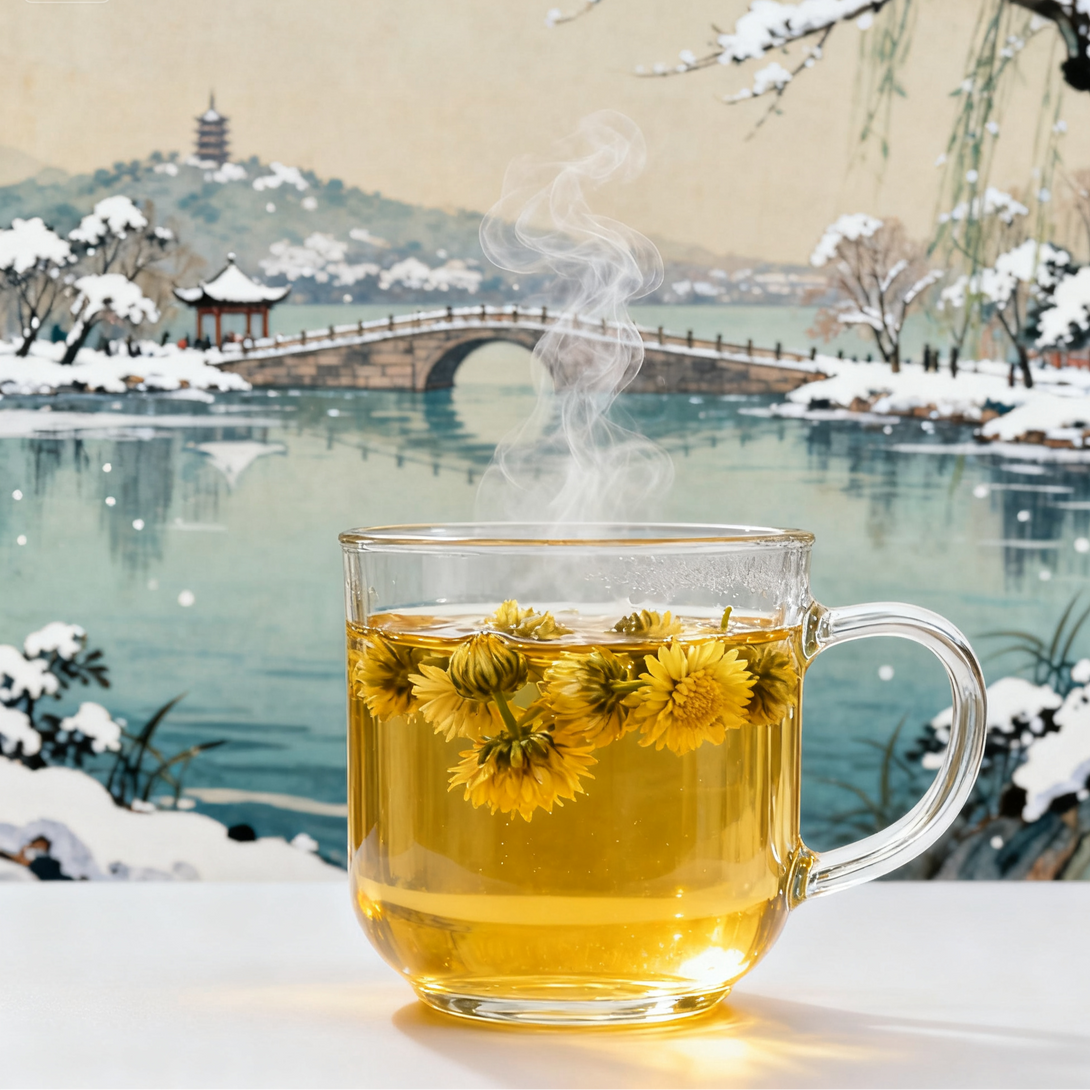Steaming chrysanthemum flower tea in clear glass mug with traditional Chinese snowy landscape background featuring bridge, pavilion, and mountains