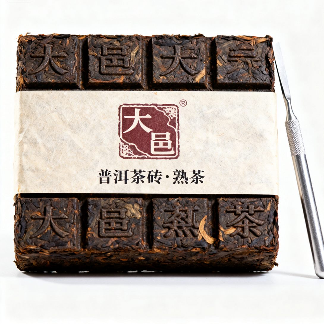 Premium Pu-erh ripe tea brick with traditional Chinese wrapper and tea knife, compressed dark tea on white background